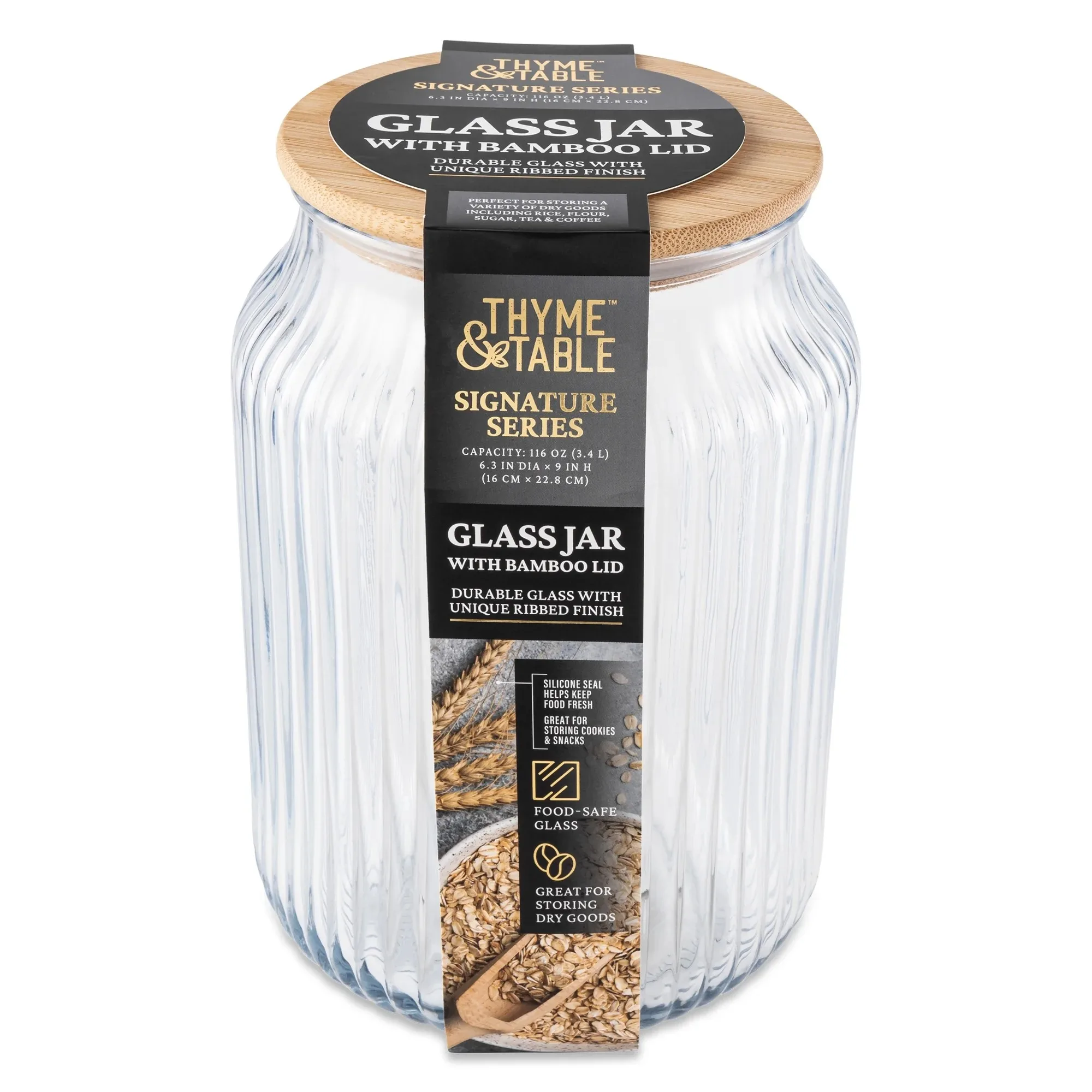 Tomillo y mesa grande (3 L) tarro de organización de cocina de vidrio acanalado con tapa de bambú, transparente