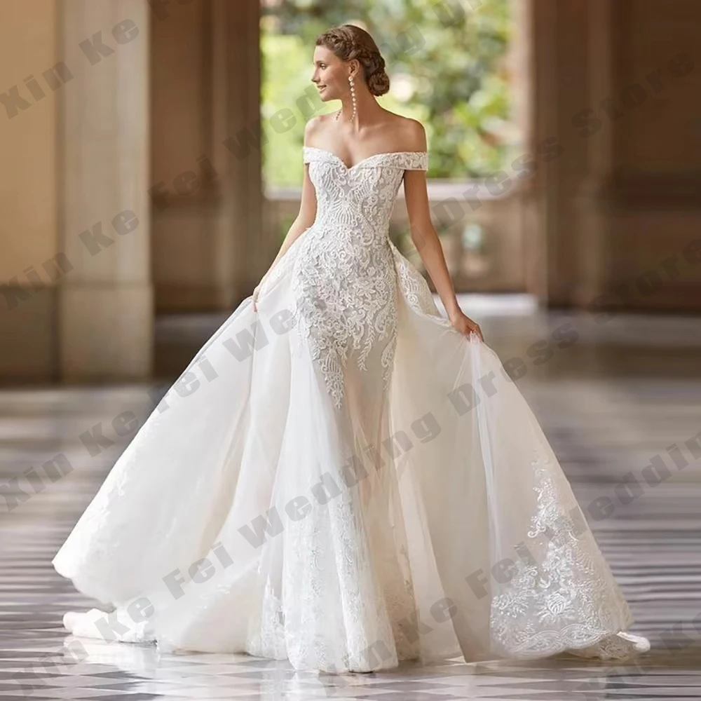 

2025 BOHO Off Shoulder Wedding Dresses Lace Appliques Mermaid Detachable Train Pleated Bride Gown Luxury Bridal Gowns Customized