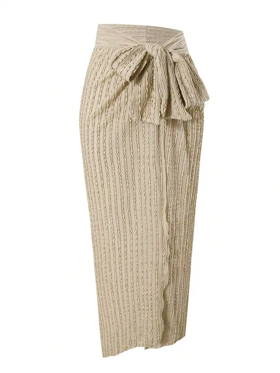 

Beachwear Set: Textured Knit High-Waisted Midi Skirt With Bowknot Tie And V-Neck Backless One-Piece Swimsuit For Summer Vacation