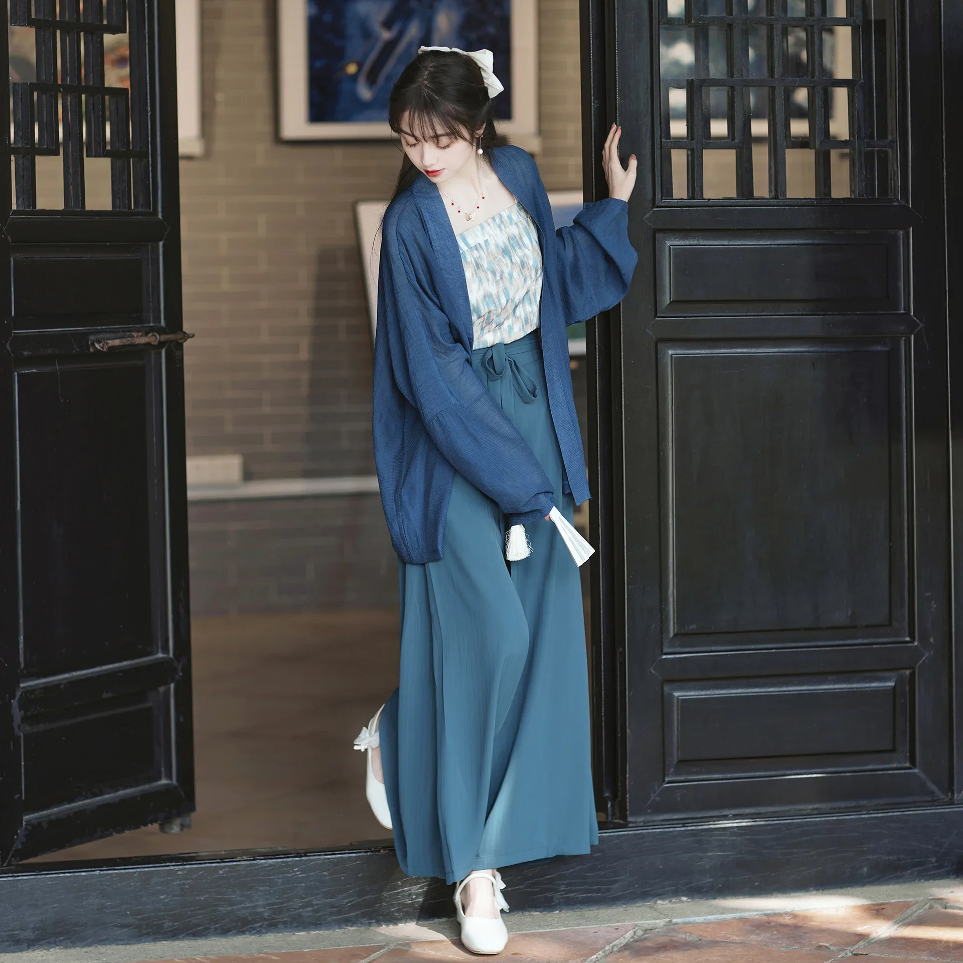New Chinese Style Improved Hanfu Set Blue Cardigan Suspender Pants Tang Suit Women's Elegant Vintage Classic Traditional Costume