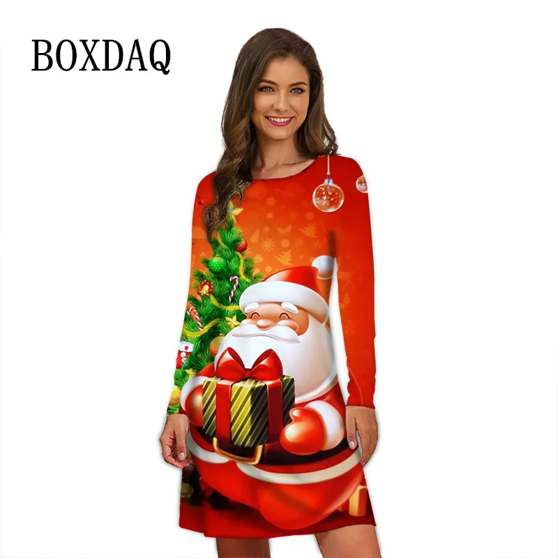 Winter Christmas Party Dresses For Women 2023 Autumn Fashion Funny Santa Claus Print Dress Long Sleeve Street Style A-Line Dress