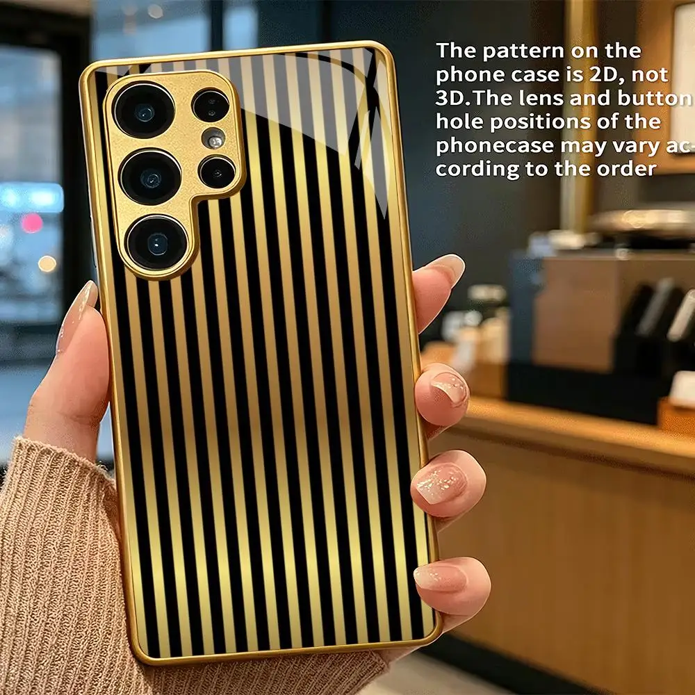 Black gold vertical stripe electroplated glass phone case suitable for Samsung Galaxy S26 S25 S24 S22 S21 S20 FE/Ultra/Plus