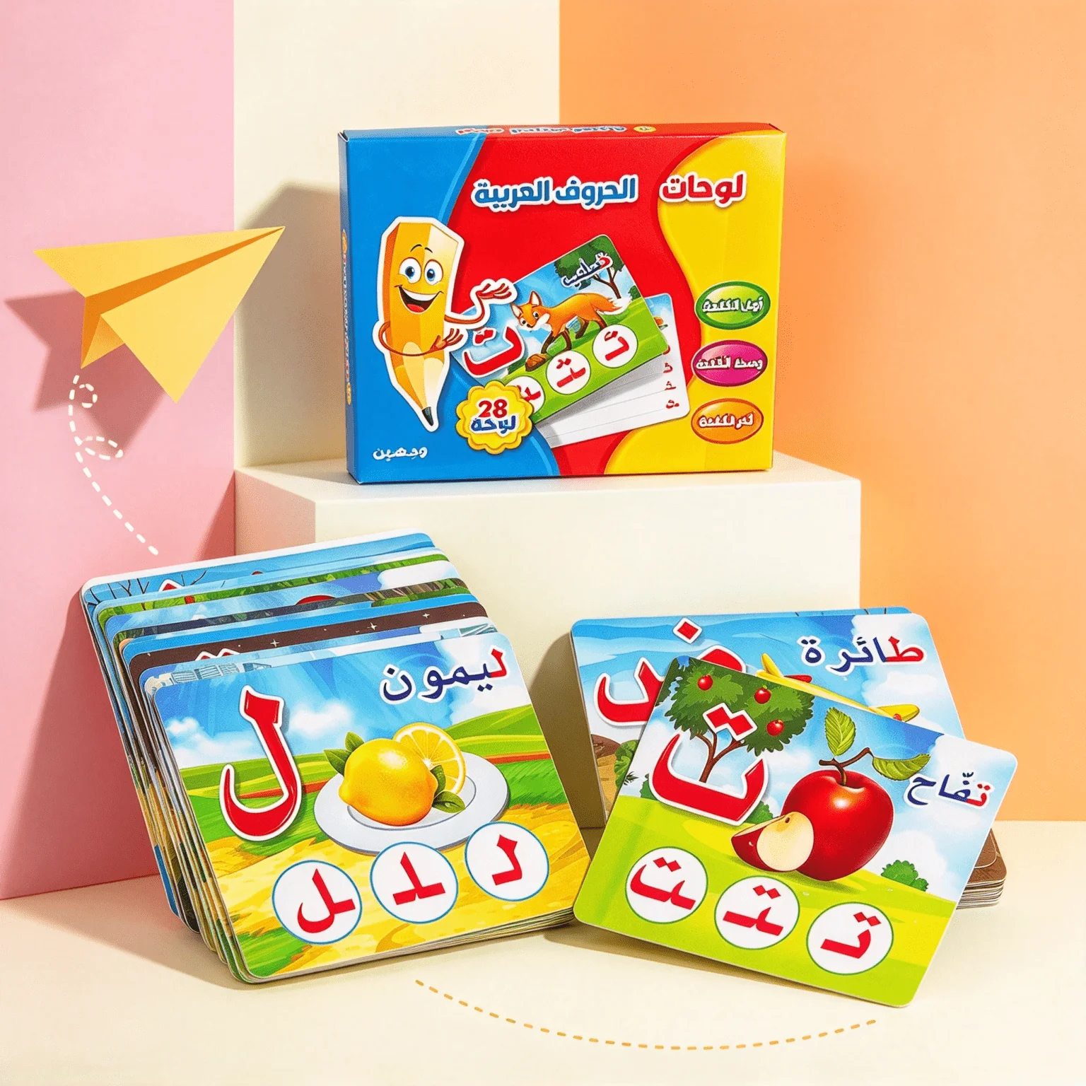 Set of 28 double-sided Arabic alphabet flashcards—an early language learning kit and teaching aid for reading and writing.