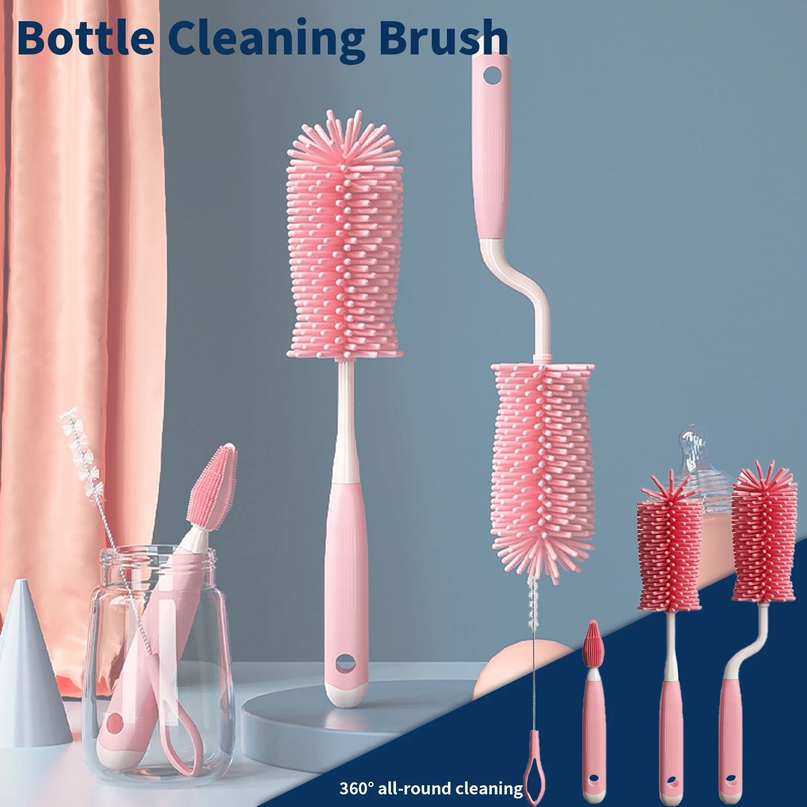 

Silicone Bottle Cleaning Brush 360° Baby Pacifier Straw Scrubber Small Brush Glass Cup Washing Kitchen Cleaning Tool Set