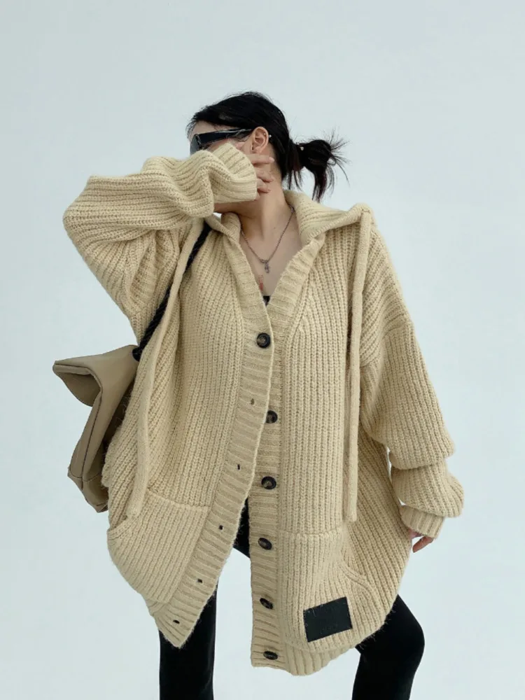 [ZOCI] 2024 Scrap Wood Winter High-end Heavy Industry Thick Needle Thick Hooded Sweater Jacket  Women Loose Lazy Couple Knitted