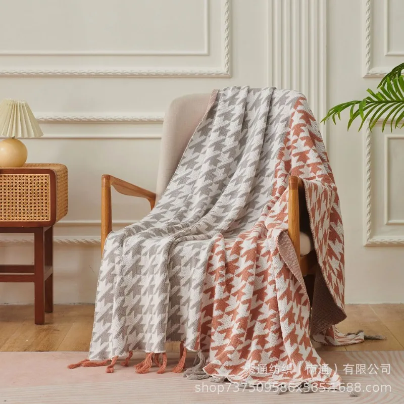

Modern Minimalist Blanket with Thousand Bird Grid Decoration Sofa Blanket Large Towel Bed Flag, Soft Scarf Tassel Blanket