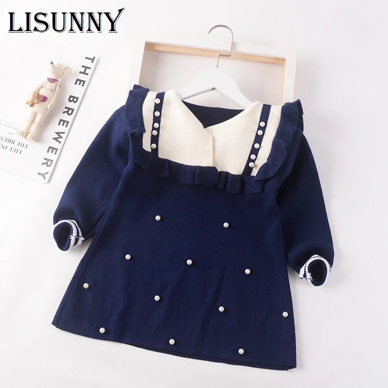 

2023 New Autumn Winter Navy Lapel Girls Sweater Dress Kids Baby Sweater Children Nail Bead Pullover Knitted Dressrs Jumper 3-8y