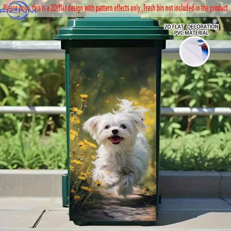 2D Flat Printing 1pc 2D Pattern Printed Kitchen Trash Can Sticker xcm, Dog Running in a Flower Bush Themed Kitchen Home Decor