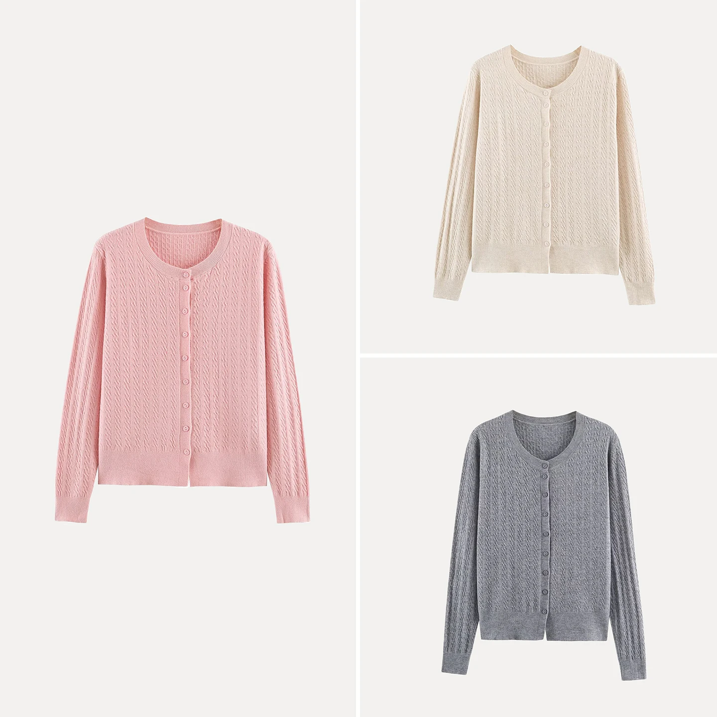 Casual Knitted Long Sleeve round Neck Twisted Sweater Women's Fashion Autumn 2026 Multi-Color  Color Open Cardigan