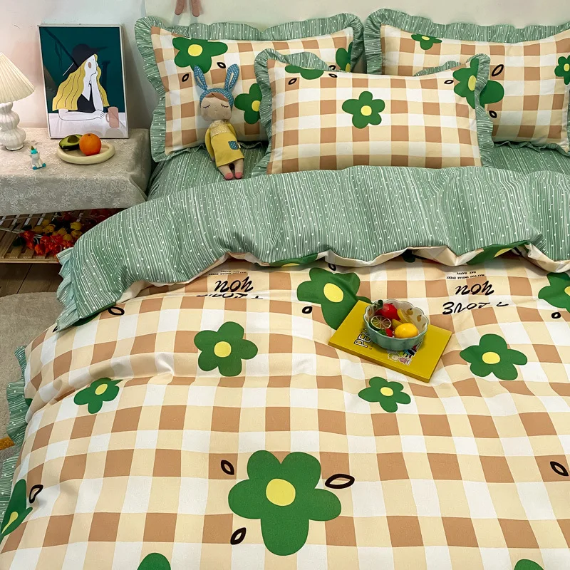 Four Seasons Skin-Friendly Printing Bedding Set Soft Sanding Bed Skirt Kit with Quilt Cover Korean Lace Bedclothes for Double