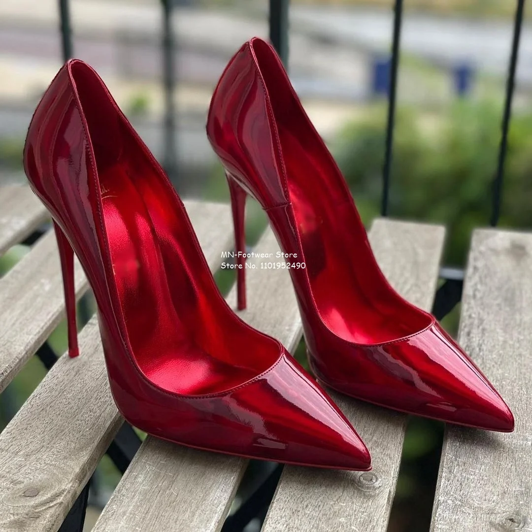 Women Pointed Toe Stiletto Shalliow Pumps Slip on Patent Leather Red Dress Shoes High Heels Party Shoes Plus Size Sale 47% 0ff