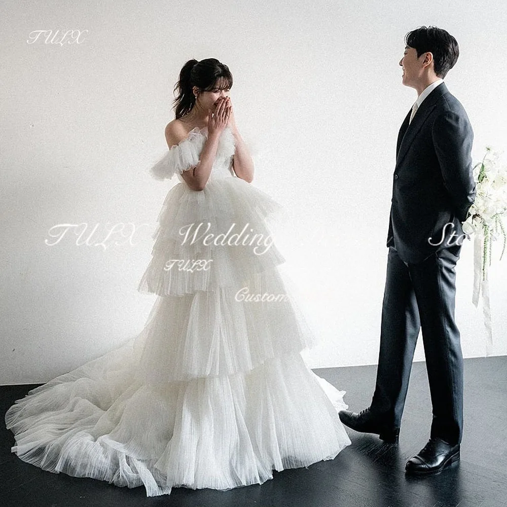 

TULX Luxury Ivory Tulle Wedding Dress Korea Photo Shoot Off Shoulder Corset Floor Length Tiered Bridal Gowns 웨딩드레스 Customized