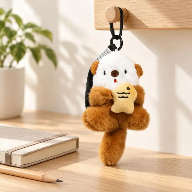 2025 New Cartoon Character Keychain Charm Holding a Fish Accent, with Embroidered Detail and Hook-and-Rings Bag Attachments