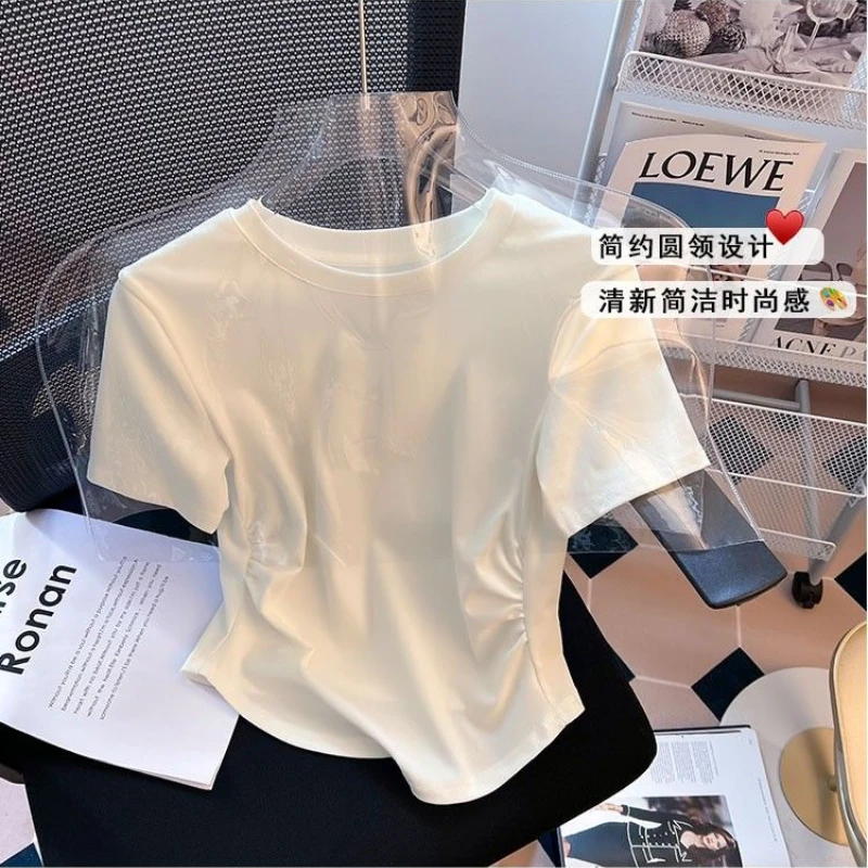 American Retro Sweet and Spicy Unique Irregular Top Design Niche Pleated Short Sleeved T-shirt for Women Summer New Style Shirt