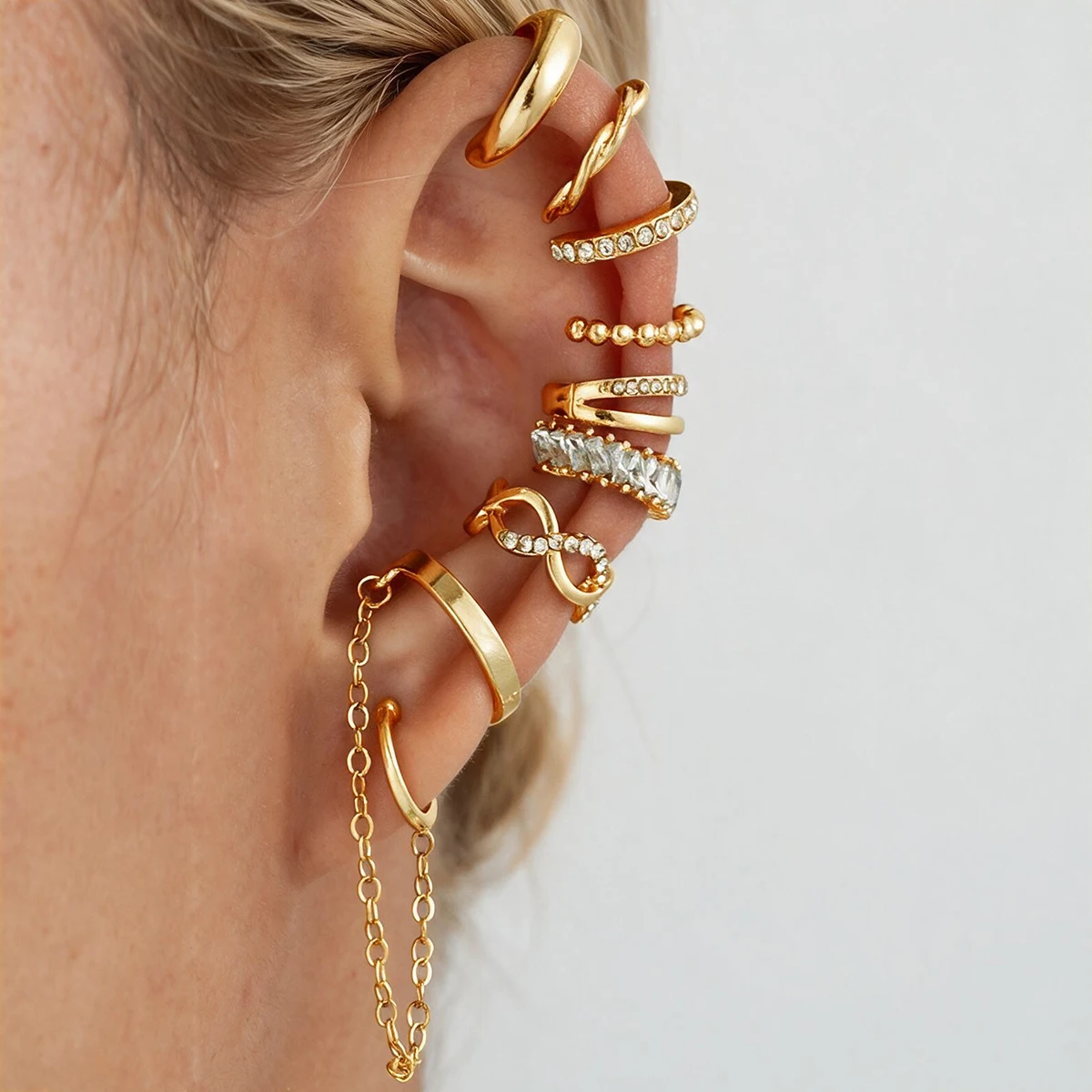 9 Pcs Simple Zircon Ear Cuffs Non-Piercing for Women Dainty Gold Color Clip On Cartilage Earrings Hoop Cuffs Fake Earing Jewelry