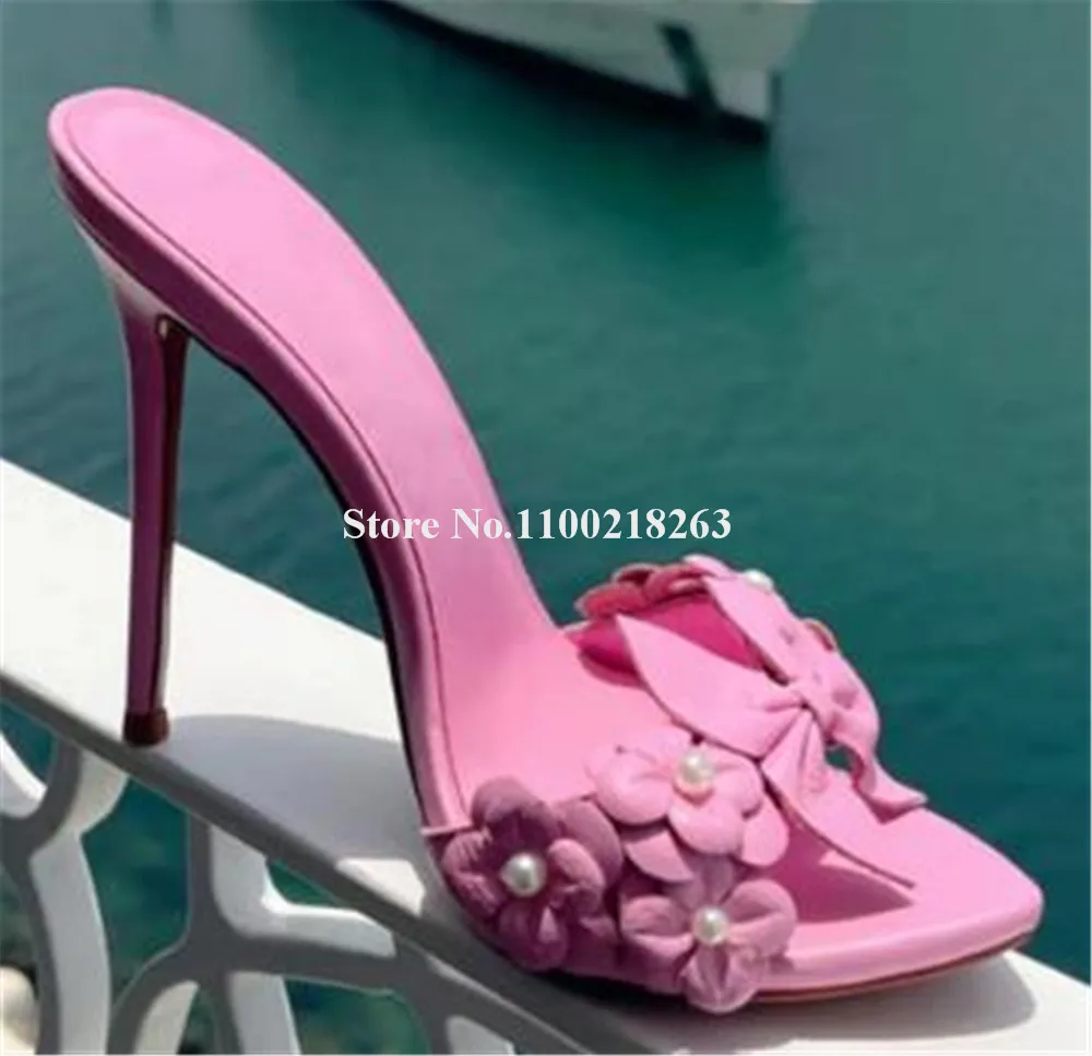 

Pearls Flowers Decorated Stiletto Heel Slippers Pointed Open Toe Pink White Matte Leather Thin Heel Sandals Leisure High Heels