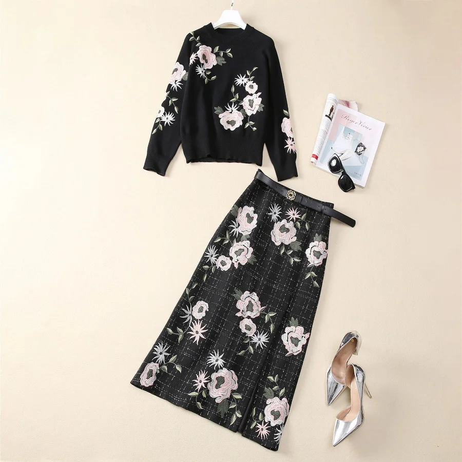 Europe and the United States women's 2024 winter new Long-sleeved floral embroidered sweater Woolen skirt with belt Fashion suit