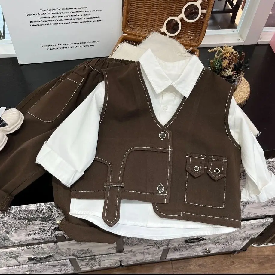 

2025 Spring and Autumn New Set Shirt Casual Cotton Vest Pants Fashion and Western Korean Three Piece Set
