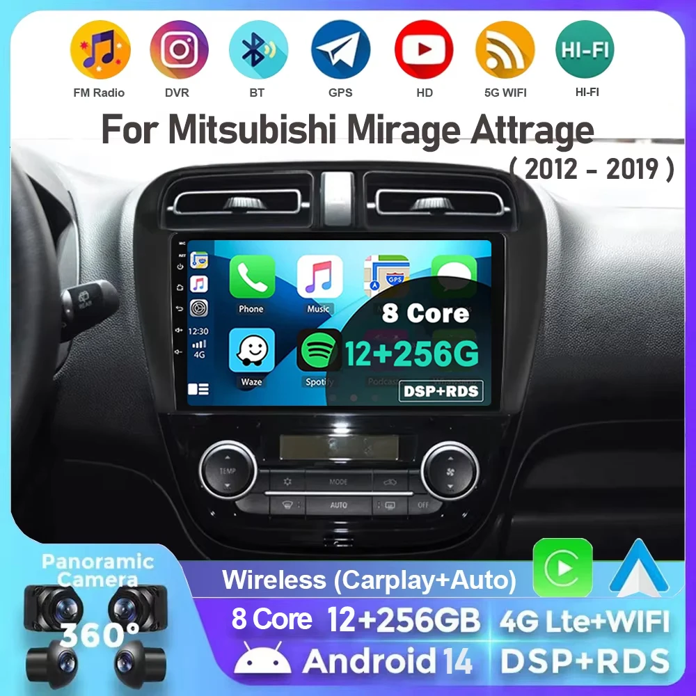 Android 14 9 "Für Mitsubishi Mirage Attrage 2012 2018 2019 Auto Radio Space Star 2014 Navigation