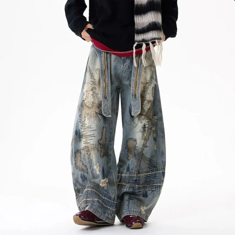 2026 Vintage Embroidered Curved Jeans Heavy Duty Men Women Loose Couple Style Streetwear Y2K Trend Wasteland Style Wide Leg Pant