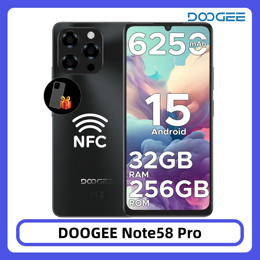 DOOGEE Note58 Pro Smartphone 32 GB 256 GB 6,75 Zoll HD+ 90 Hz 6250 mAh großer Akku 16 MP Kamera Fingerabdruck Android15 NFC-Handy