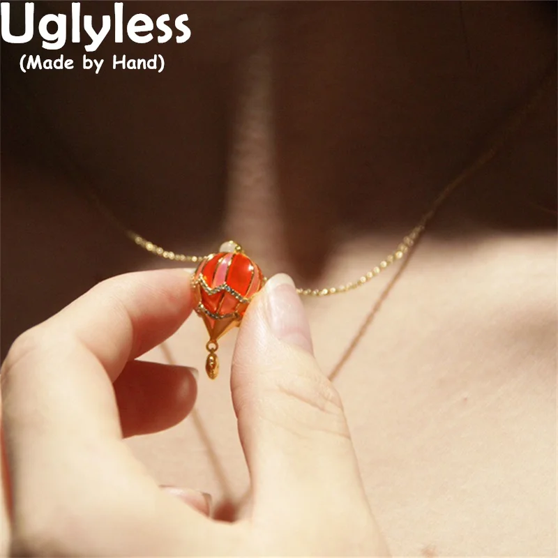 

Uglyless Enamel Red Pink Fire Balloon Pendants Necklaces Earrings Women Romantic Fairy Tale Jewelry Sets 925 Silver Hearts Gifts