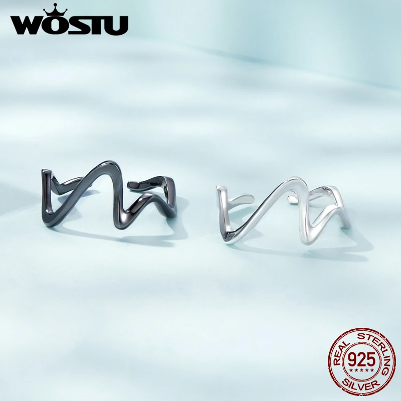 WOSTU 2022 Simple Geometric Wave Open Ring 925 Sterling Silver Black Gold Party Finger Rings Jewelry Punk Gift for Women Girls