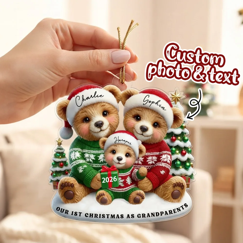 Personalized Custom Photo & Text Bear Family Xmas Ornament, Acrylic Hanging Pendant, Xmas Tree Family Holiday Souvenir Gift