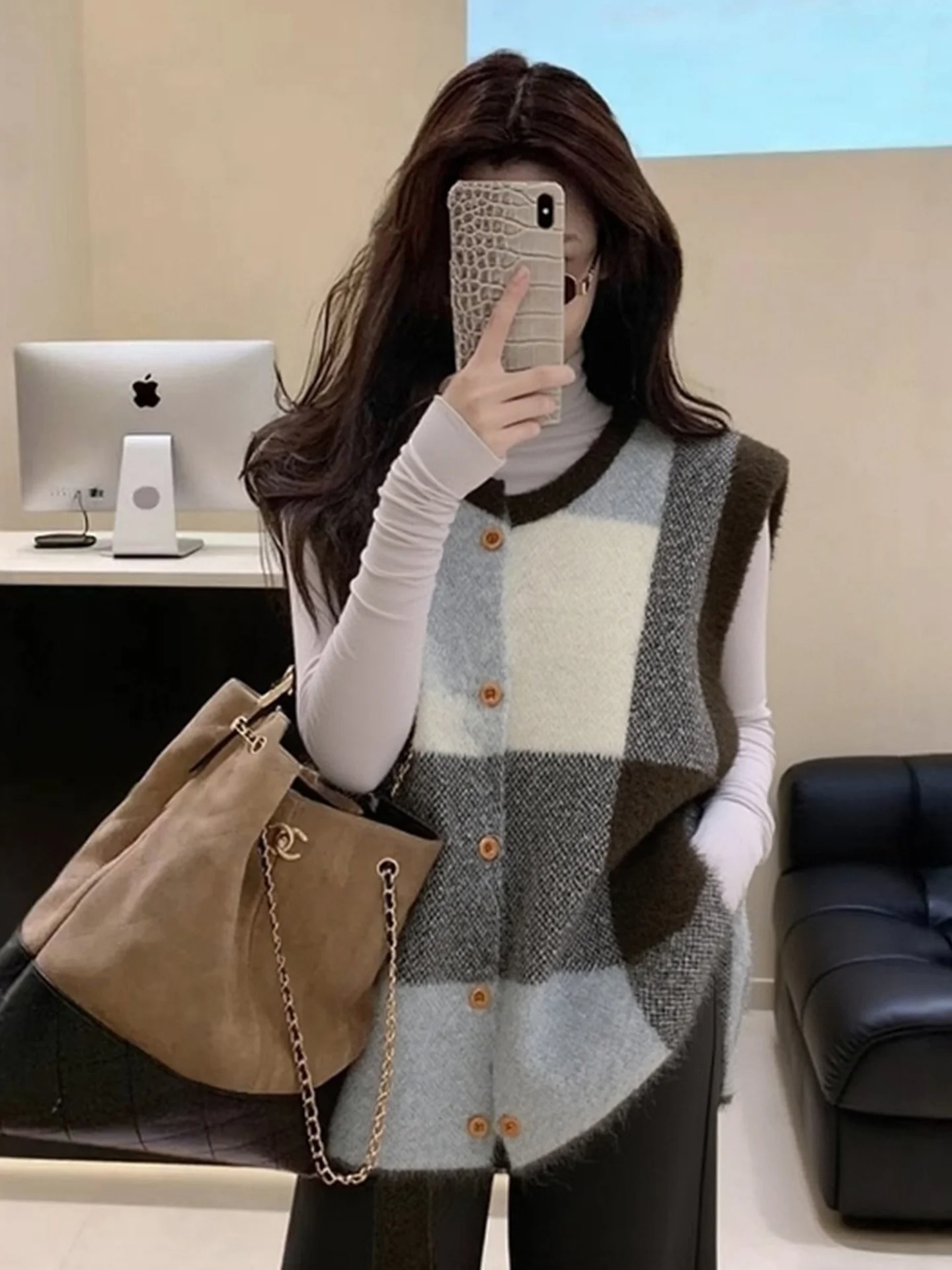 

Faion Plaid Vest Loose Single Button Simple Top Winter Svel Tank Casual Vest Women's Clothing Commute Sle round Ne