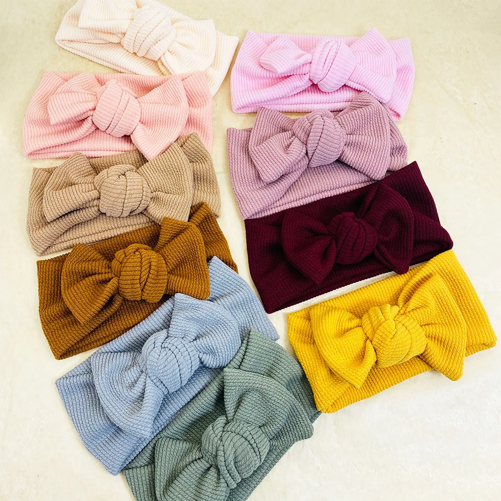 Wholesale 20pc/lot New Big Bowknot Headband Waffle Head wraps Kids Cotton Bowknot Wide Turban Children Girl's Hair Accessories