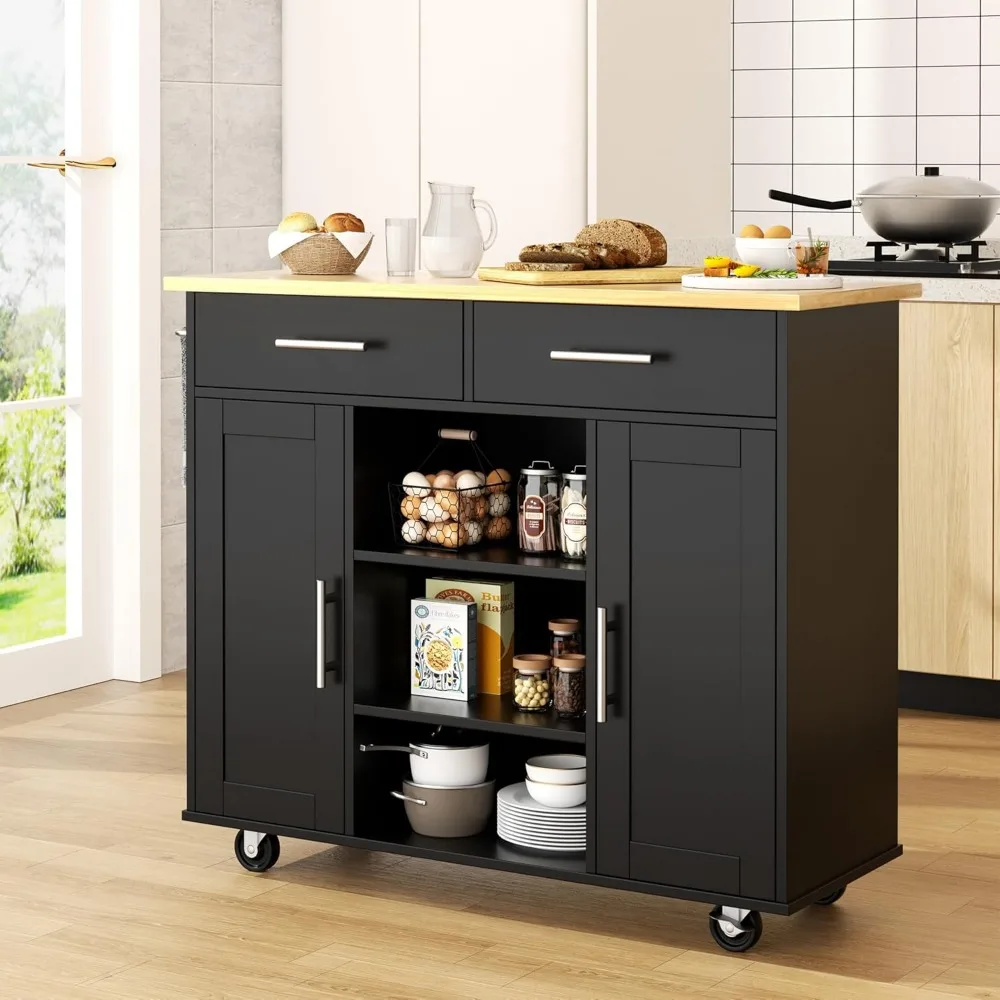 Kitchen Island with Storage,Kitchen Island Cart on Wheels with 3 Open Shelves,2 Drawers and 2 Cabinets, Rolling Kitchen Table