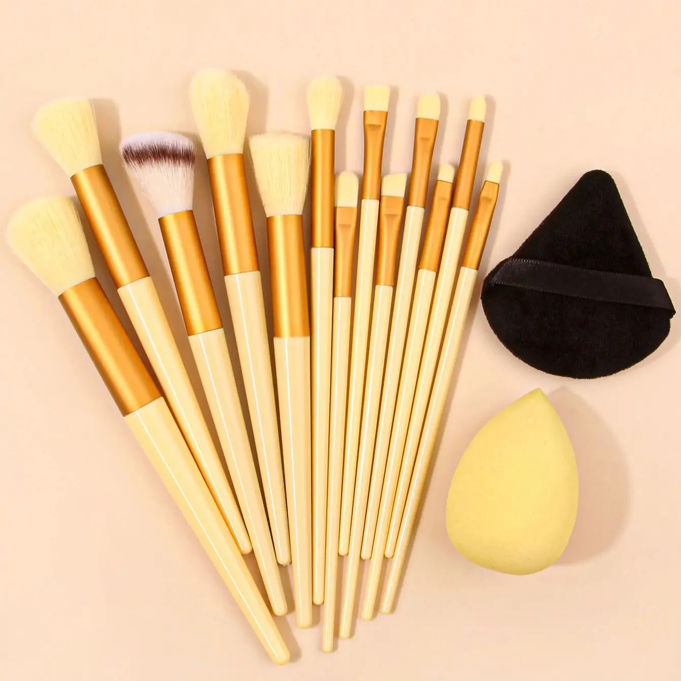 15 pz giallo chiaro trucco rinfresca mano bellezza trucco Set pennello fondotinta spugna impostazione uovo soffio di polvere ombretto pennello fard