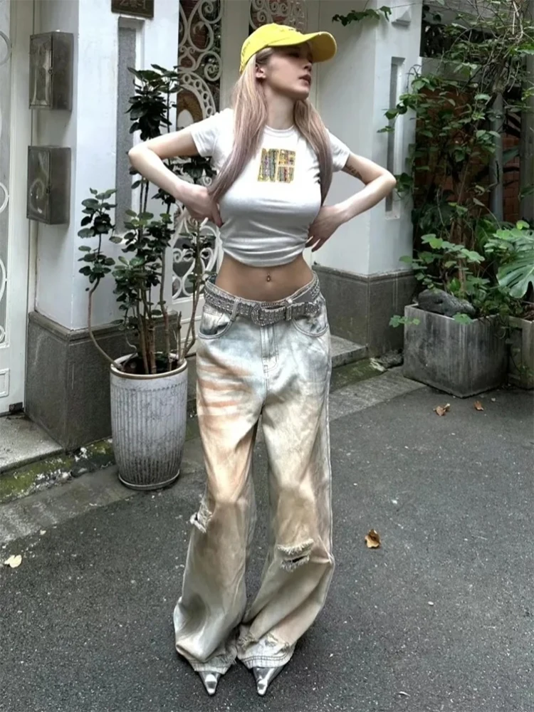 Summer Women Harajuku Baggy Ripped Hole Jeans Japanese Y2K Streetwear Tie Dye Low Rise Denim Pants 2000s Korean High Street Kpop