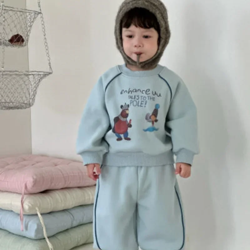 

Two Piece Set Korean Style Kids 1-3Y Tracksuit Autumn Winter Cartoon Print Thickened Baby Set Sweatshirt Pants