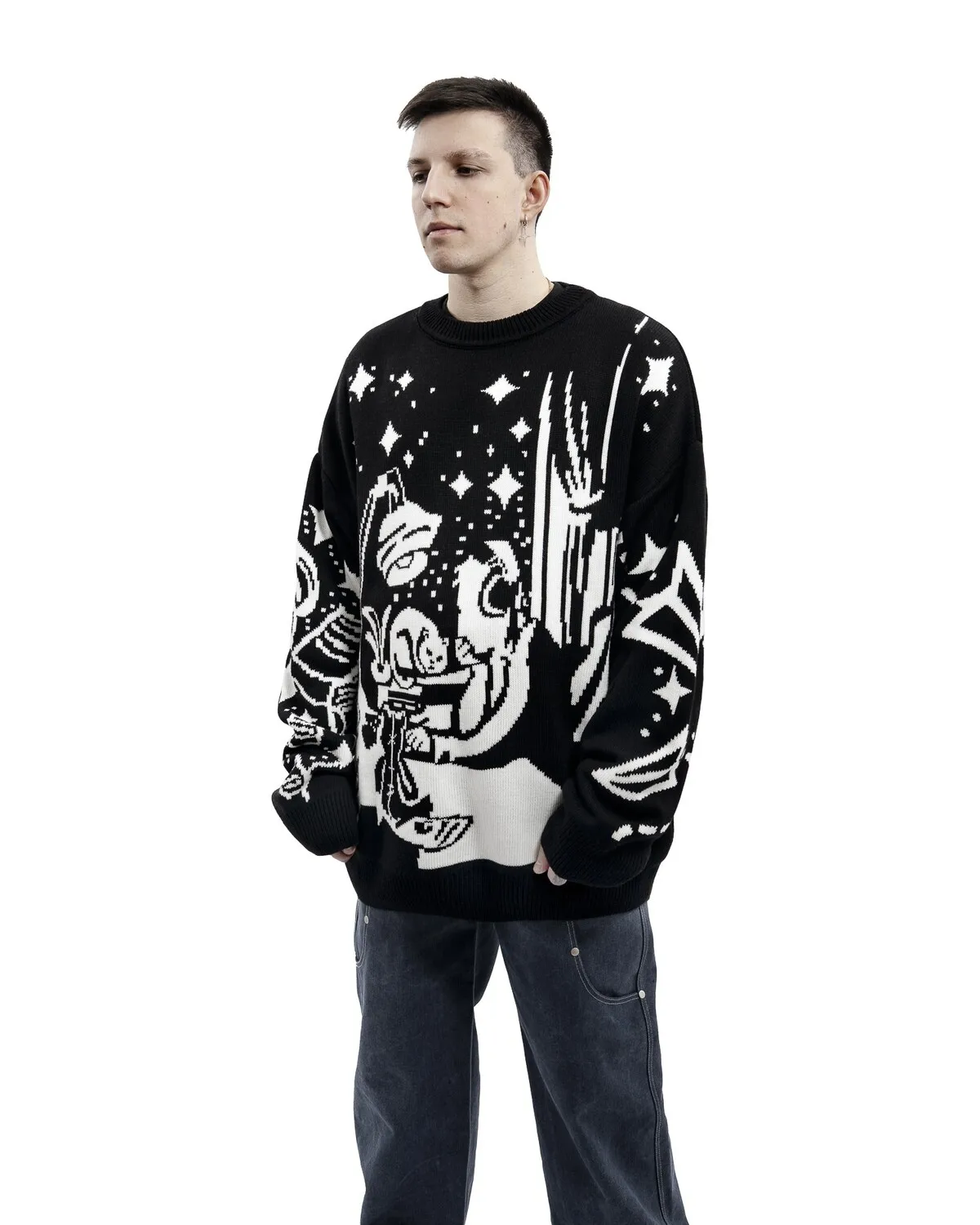 Harajuku Oversized Sweater Anime Girl Graffiti Vintage Knitted Sweater Jumper Women Winter Unisex Pullover Streetwear Y2k Top