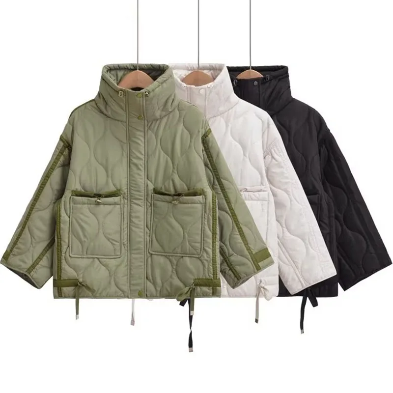 

Women Fashion 2024 Autumn/Winter Quilted Cotton Padded Jacket Women Vintage Stand Neck Pocket Zipper Casual Female Outerwear Top