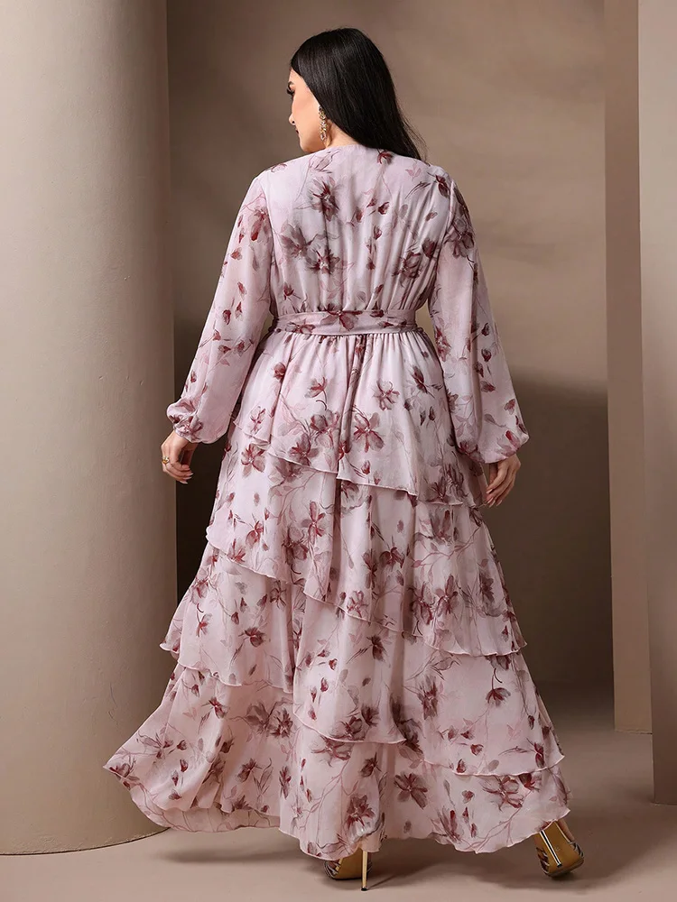 TOLEEN 2024 New Women Casual Elegant Formal Maxi Dresses Plus Size V-Neck Wrapover Floral Print Belted Layered Long Sleeve Dress