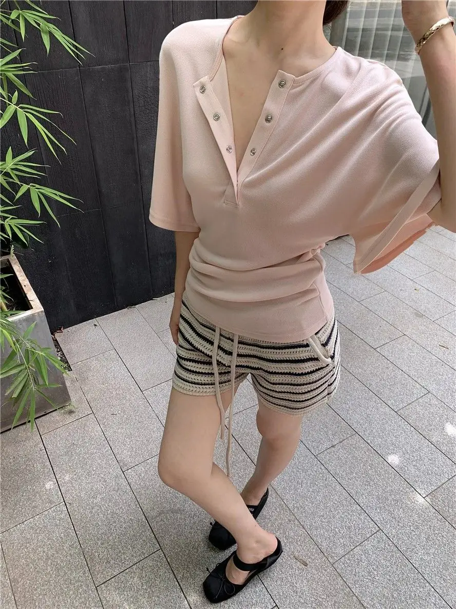 

French Casual Waist Half Open Neck Medium Sleeve T-Shirt Women's Summer Top