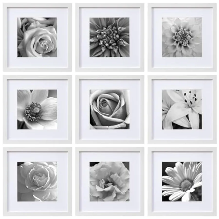 

12x12 Picture Frames Set of 9 with Clear Acrylic Cover, Display 8x8 Photos with Mat or 12x12 Without, Classic and Sturdy Square