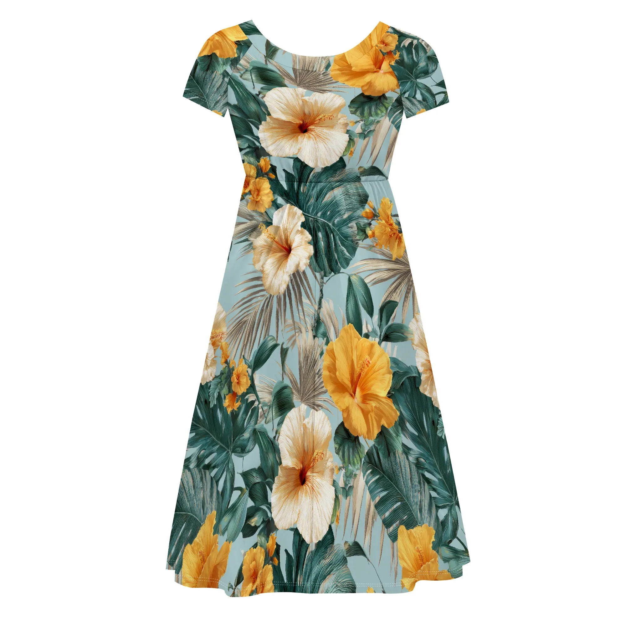 ชุดเดรสฤดูร้อนสําหรับผู้หญิง ดอกไม้ฮาวายฤดูร้อนเขตร้อนใบปาล์ม Sundress แขนสั้นลําลองพร้อมกระเป๋า
