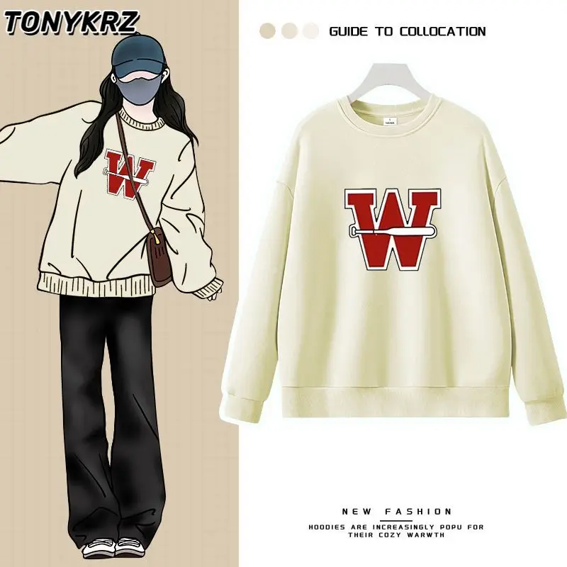 سويت شيرت فضفاض بقلنسوة برقبة دائرية للنساء، سترة علوية جديدة