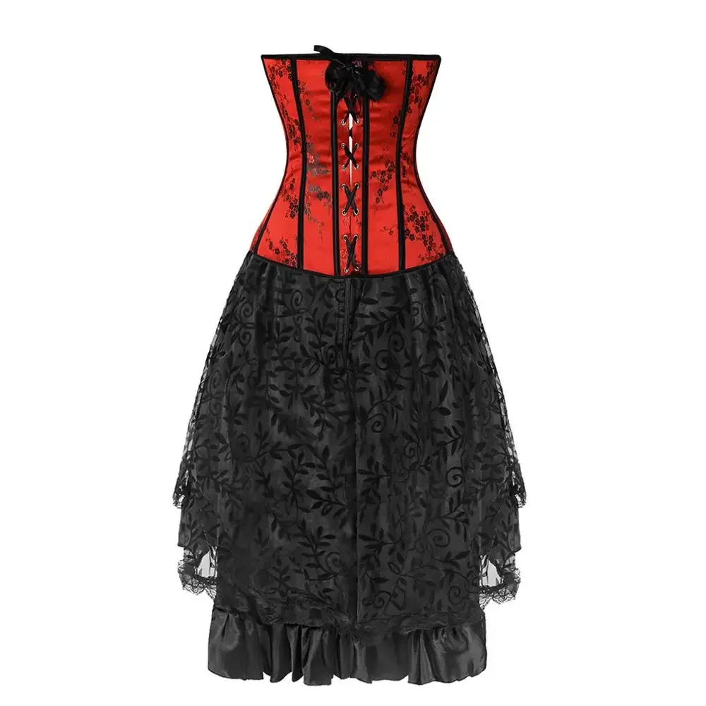 Women Gothic Burlesque Overbust Corset Top Black Floral Ruffles Skirt Halloween Cosplay Costume