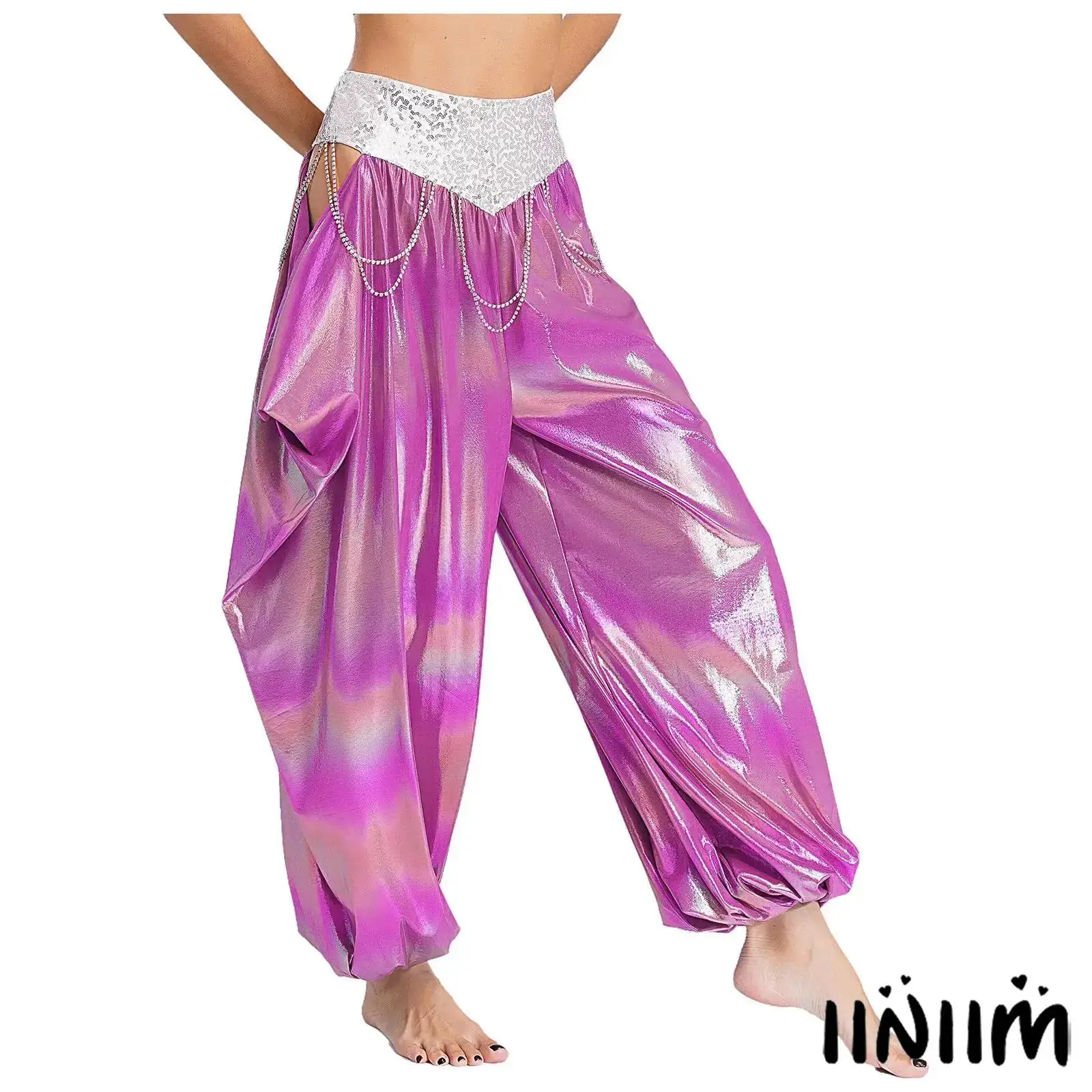 

Women Belly Dance Halloween Metallic Pants Sparkling Sequins Waistband Rhinestone Chains Cutout Loose Bloomers Dancing Party