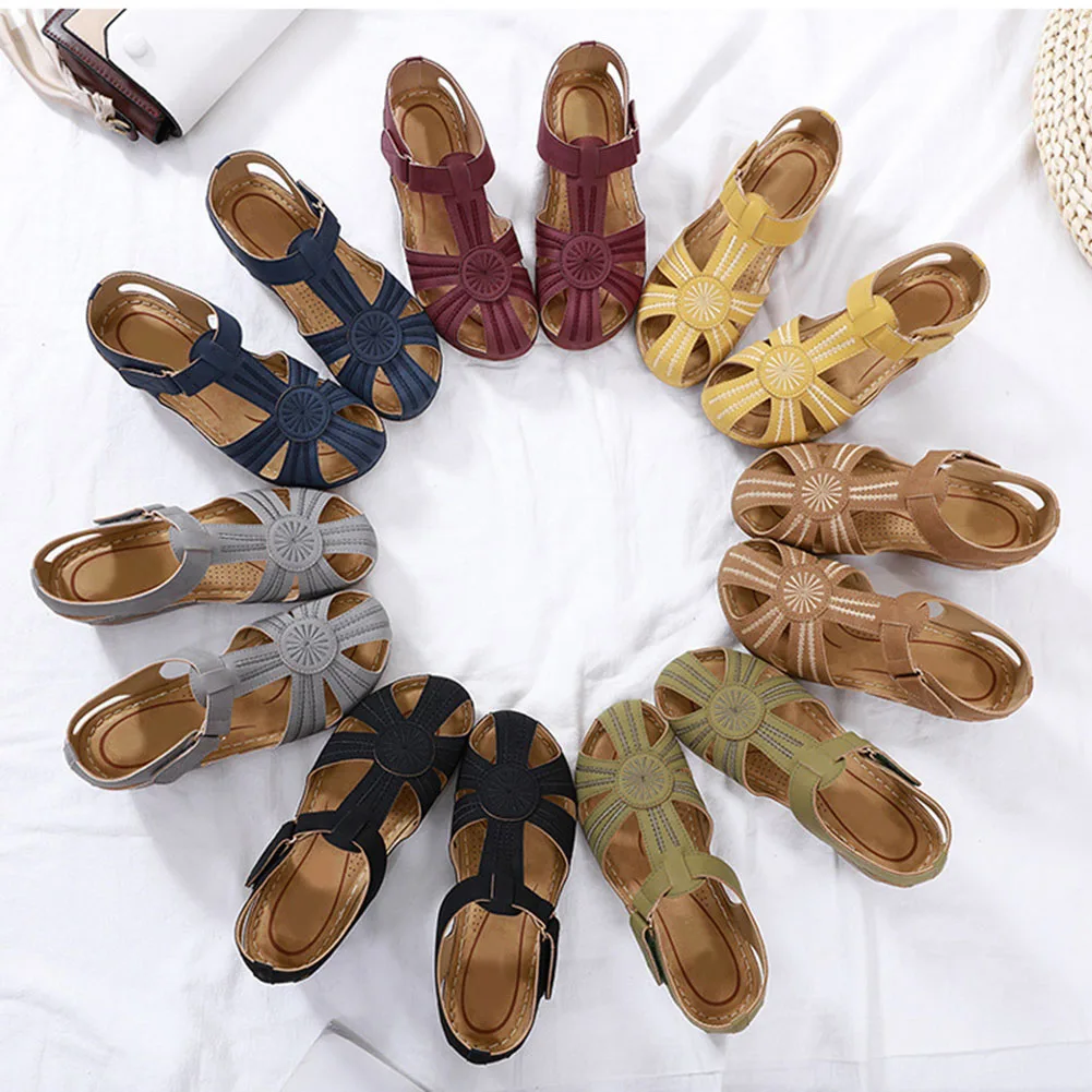 Summer Retro Line Embroidery Closed Toe Sandals Comfortable Breathable Shoes For Women Daily Wear