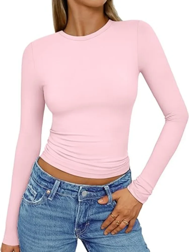 Pink Long Sleeve T-shirt Women 2024 Summer Tshirt White Crop Top Ladies Sexy Slim O Neck Short Sleeve Tee Shirt Y2k Basic Top