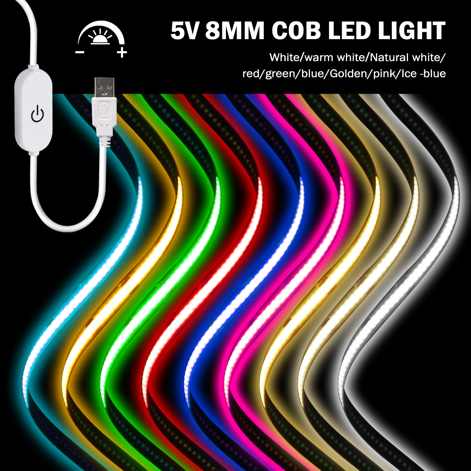 Dimmable USB COB LED Lights With Touch Sensor RA90 Flex Adhesive Tape 5V 320LEDs/M White/Blue/Red/Green Backlight Night Lighting