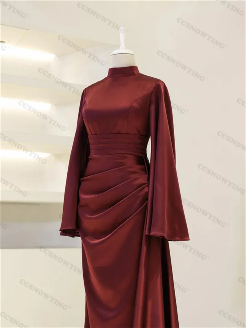 Burgund Satin High Neck Muslimischen Abendkleid Langarm Hijab Islamischen Formale Party Kleider Arabisch Dubai Frauen Roben De Soirée