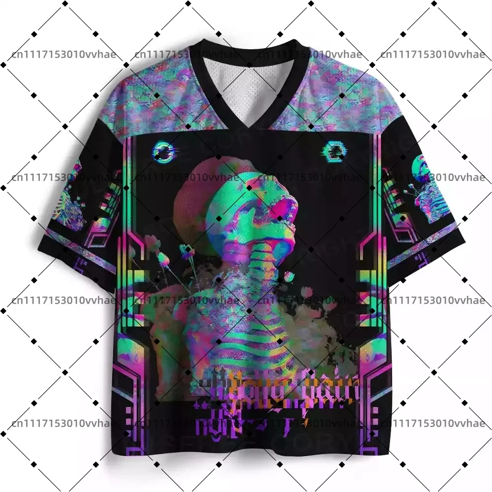 Soulisfree Mysterious Skull Optical Line Illusion Mesh Jersey Design Digital Print V-Neck T-Shirt Comfortable Sport Short Sleeve