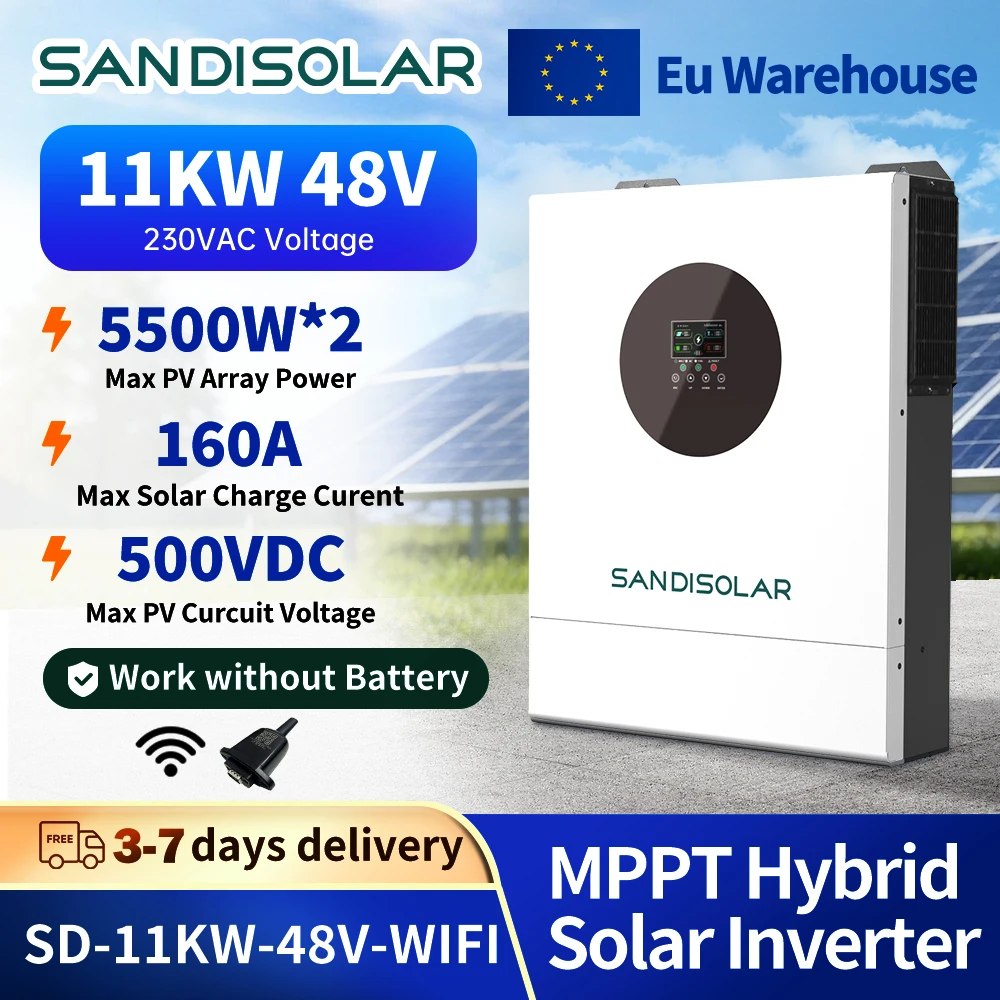 SANDI 11KW 48V Hybrid Solar Inverter Off Grid 230VAC Pure Sine Dual PV Input 2 MPPT 160A Solar Charger PV 60–500V