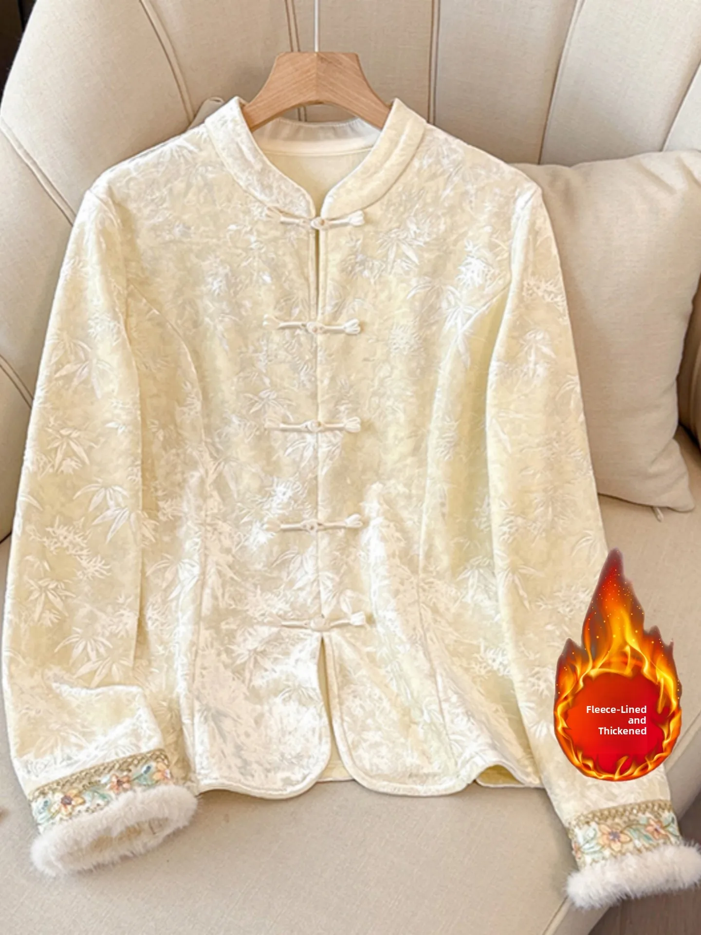 Thickened Fleece Long Sleeve Shirt Women's Spring Autumn New Style plus Size Flattering Chinese Style Button Embroidered Top